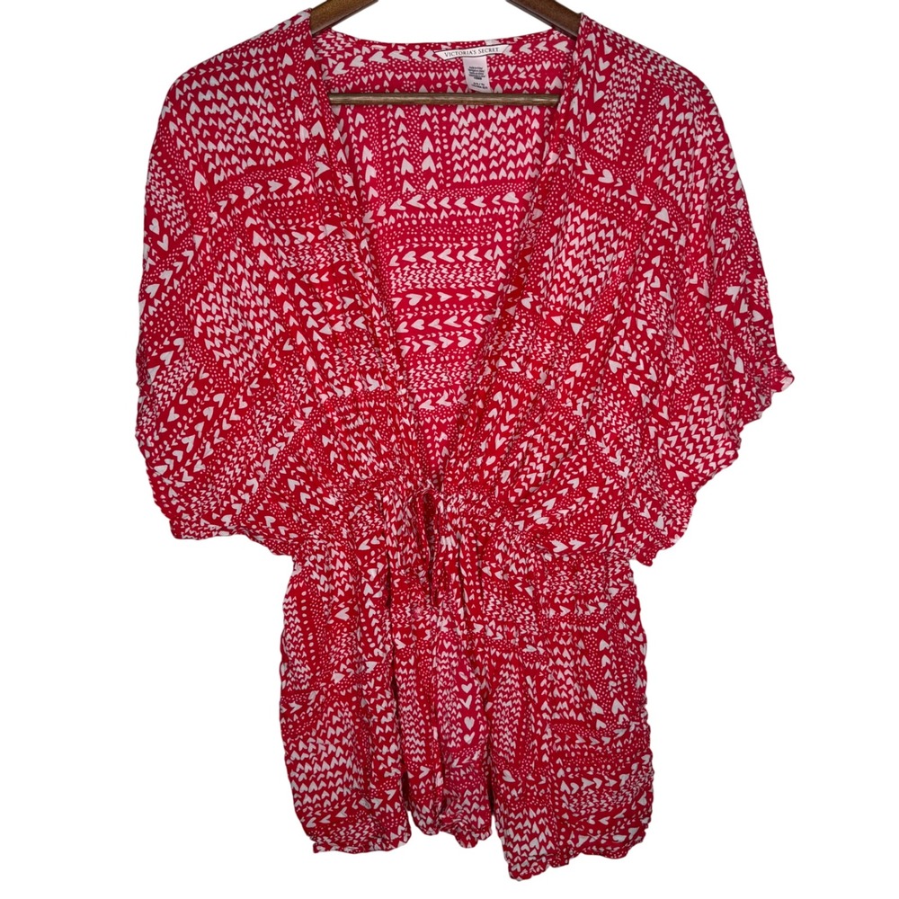 Victoria's Secret Red White Heart Print Kimono Cover Up Robe One Size‎